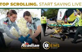 A graphic features two side by side images of EMTs working in the field. Text overlay at the top of the graphic reads, "Stop scrolling. Start saving lives."