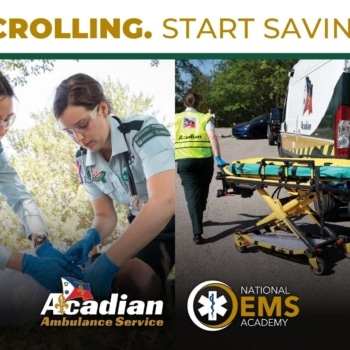A graphic features two side by side images of EMTs working in the field. Text overlay at the top of the graphic reads, "Stop scrolling. Start saving lives."