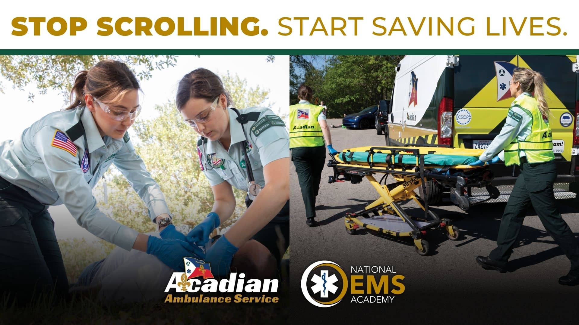 A graphic features two side by side images of EMTs working in the field. Text overlay at the top of the graphic reads, "Stop scrolling. Start saving lives."