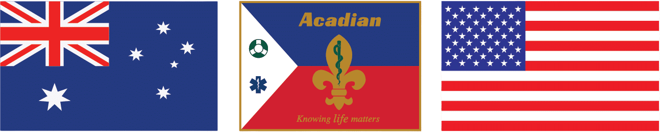USA, Australia, and Acadian flags